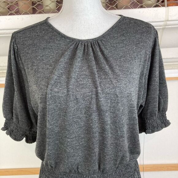 Loft NWT Elegant Charcoal Gray puffed sleeve w/ruffle bottom go everywhere dress - Picture 2 of 11